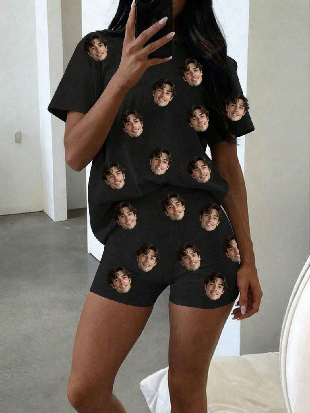 Custom Face Pajama Set for Women Personalized Photo T-Shirt and Shorts Cozy Loungewear