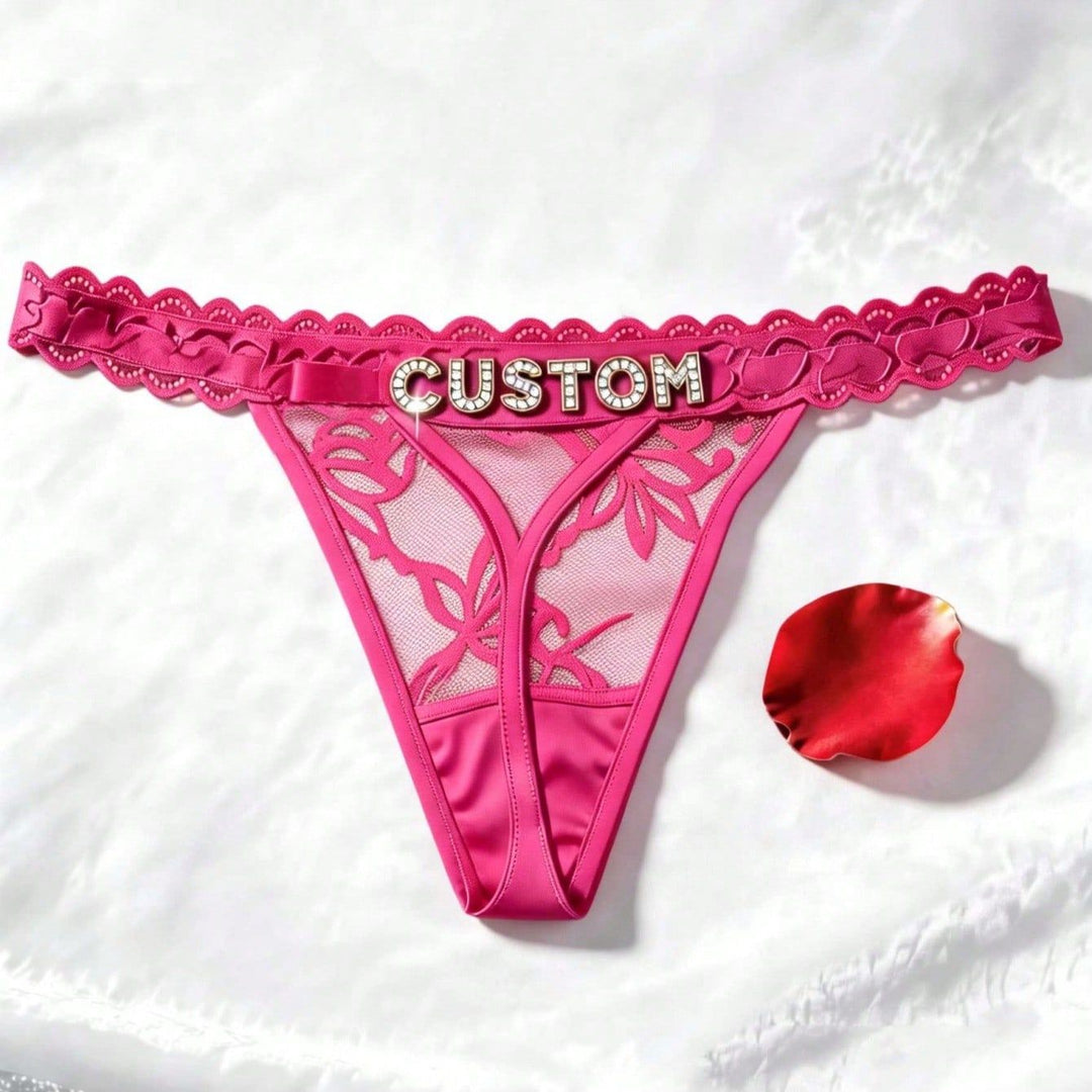 Custom Rhinestone Letter Pink Thong Personalized Name Lace Panties Sexy Intimates