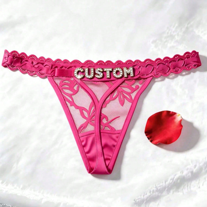Custom Rhinestone Letter Pink Thong Personalized Name Lace Panties Sexy Intimates