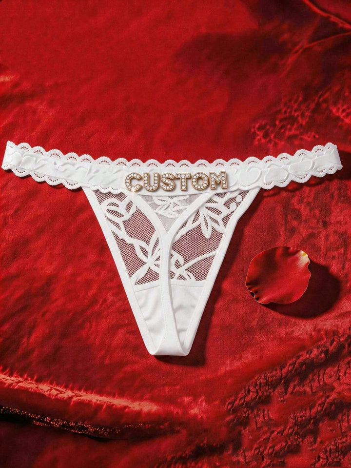 Custom Rhinestone Letter Pink Thong Personalized Name Lace Panties Sexy Intimates