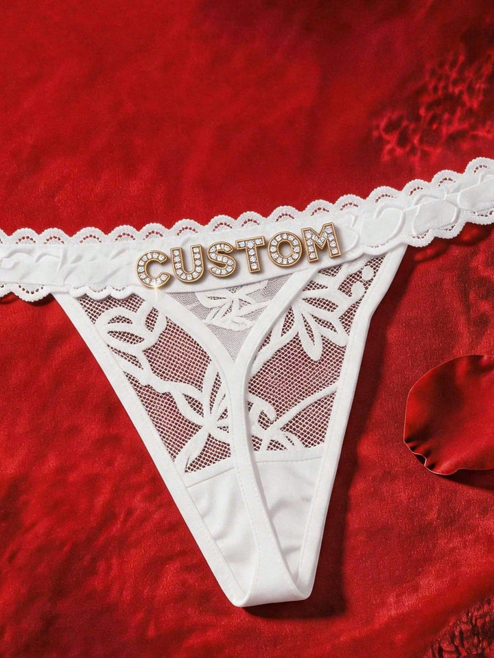 Custom Rhinestone Letter Pink Thong Personalized Name Lace Panties Sexy Intimates
