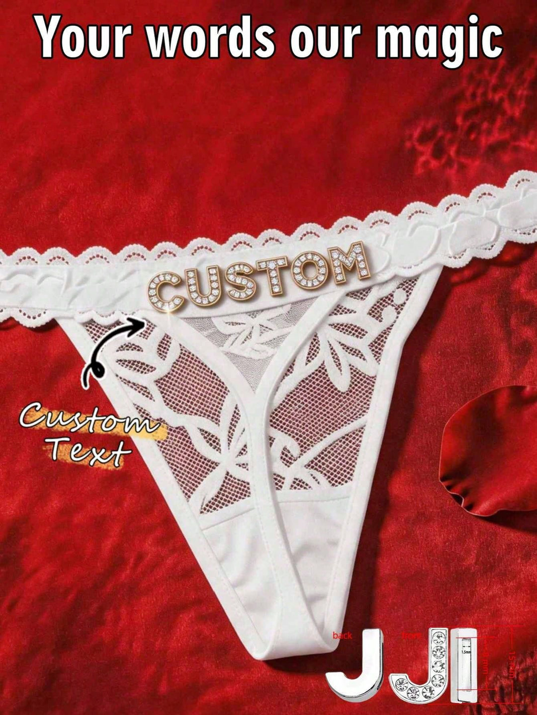 Custom Rhinestone Letter Pink Thong Personalized Name Lace Panties Sexy Intimates
