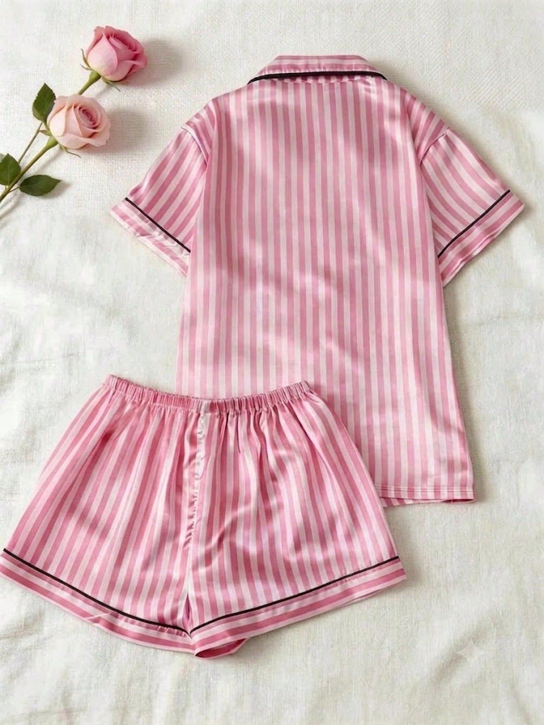 Custom Women's Pink Striped Satin Pajama Set Short Sleeve Sleepwear Photo Loungewear