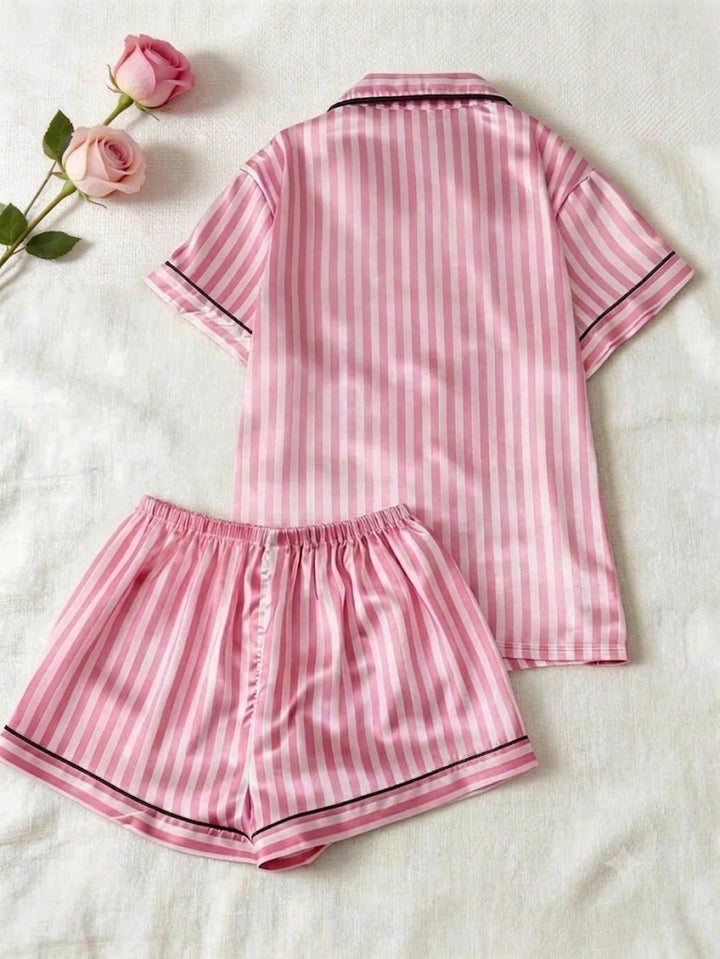 Custom Women's Pink Striped Satin Pajama Set Short Sleeve Sleepwear Photo Loungewear