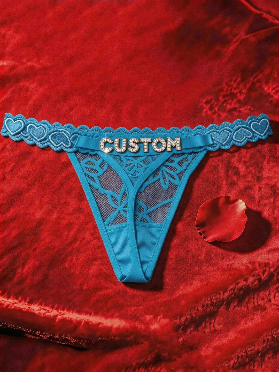 Custom Rhinestone Letter Blue Thong Personalized Name Lace Panties Sexy Intimates