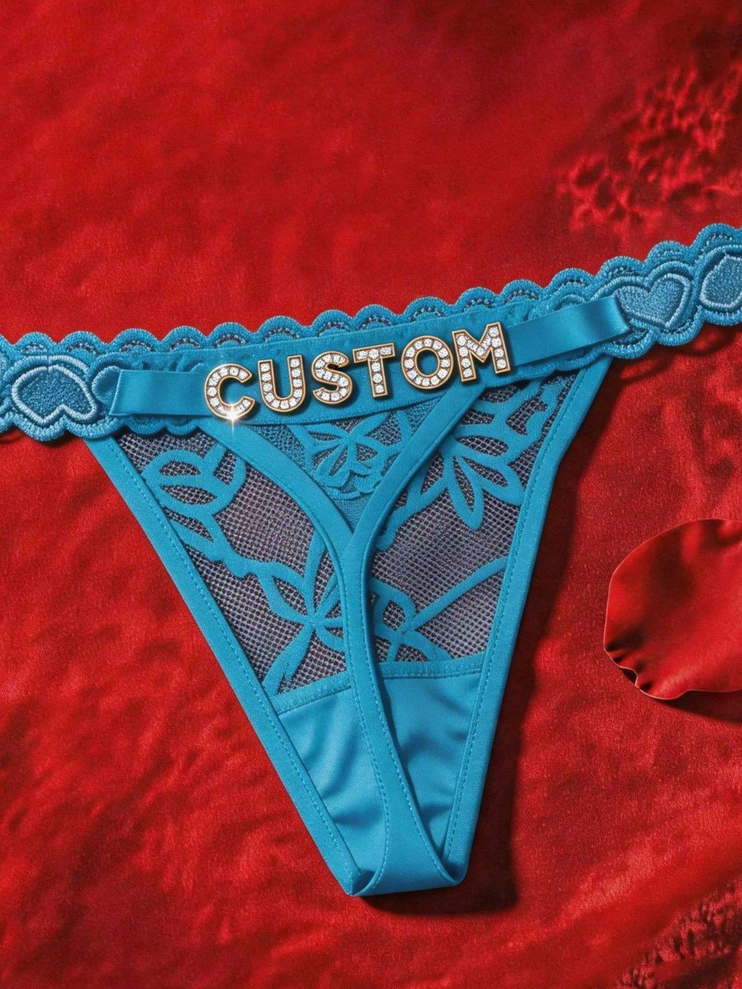 Custom Rhinestone Letter Blue Thong Personalized Name Lace Panties Sexy Intimates