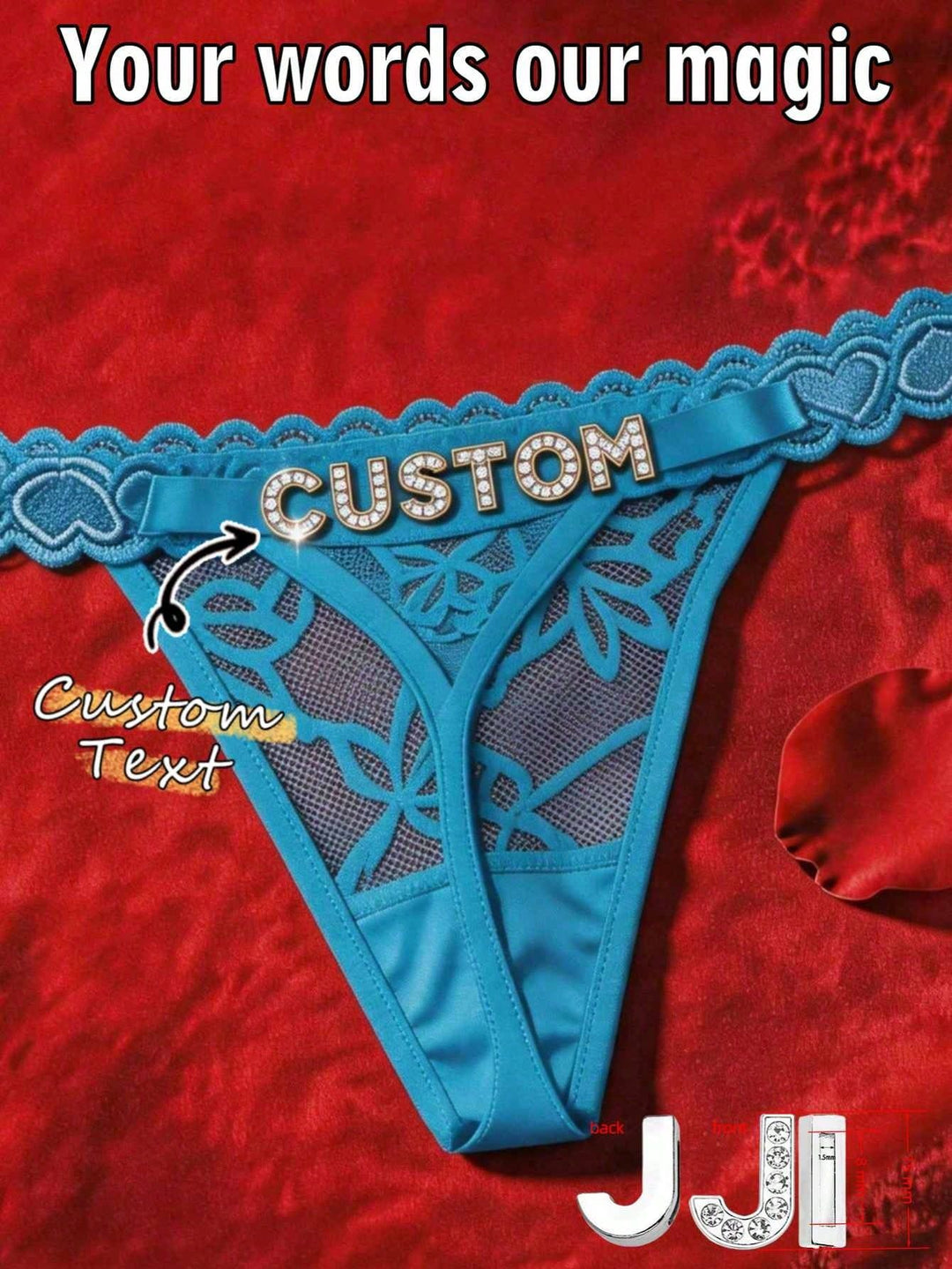 Custom Rhinestone Letter Blue Thong Personalized Name Lace Panties Sexy Intimates