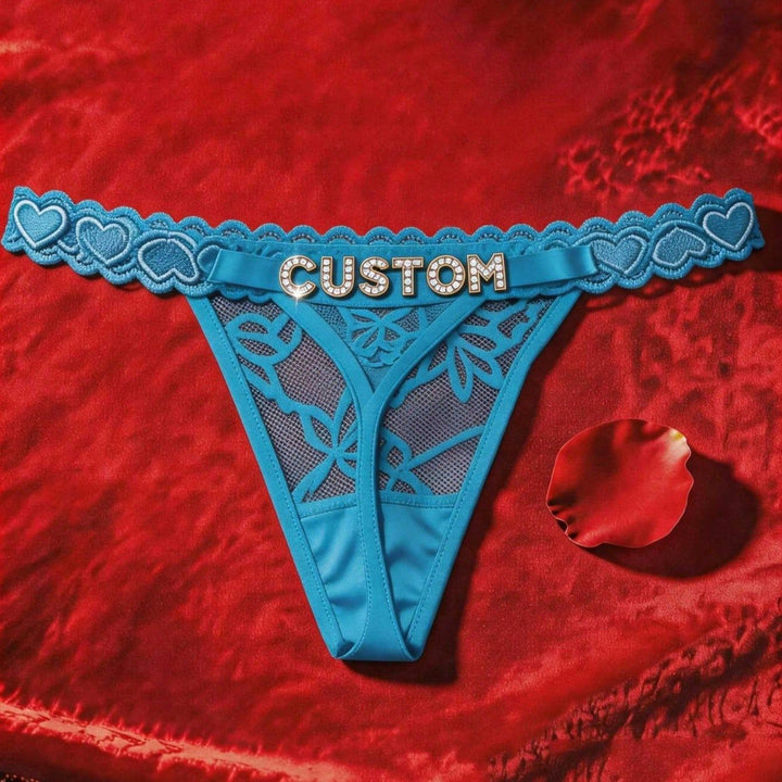 Custom Rhinestone Letter Blue Thong Personalized Name Lace Panties Sexy Intimates