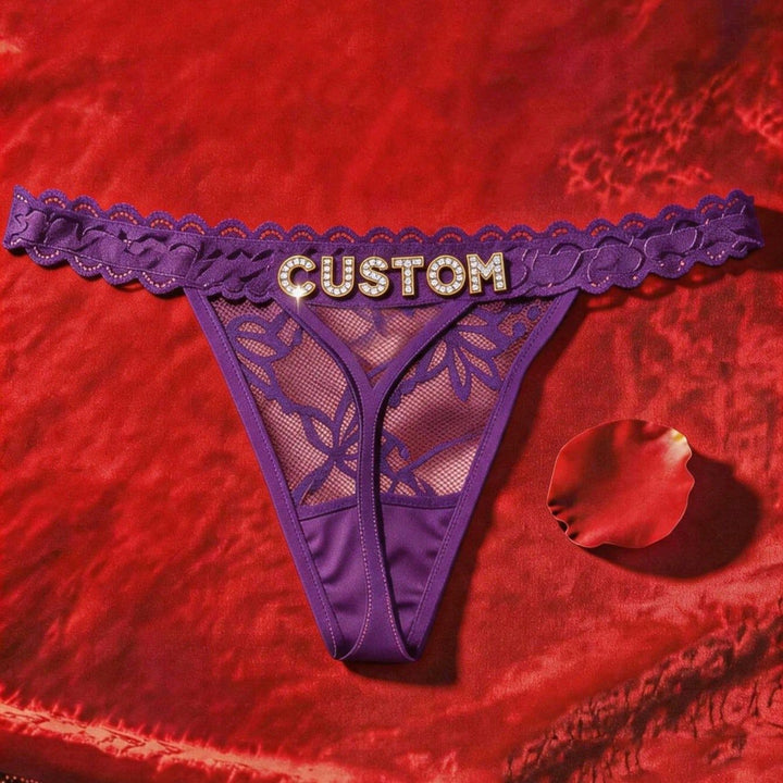 Custom Rhinestone Letter Pink Thong Personalized Name Lace Panties Sexy Intimates
