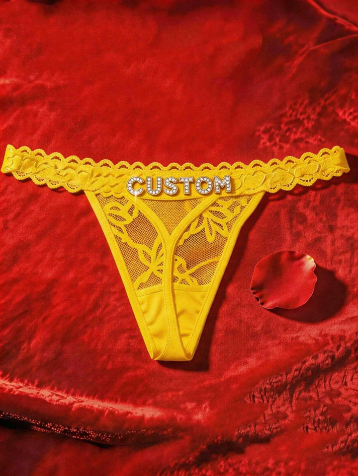 Custom Rhinestone Letter Yellow Thong Personalized Name Lace Panties Sexy Intimates
