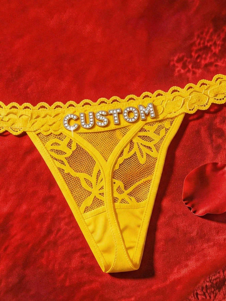 Custom Rhinestone Letter Yellow Thong Personalized Name Lace Panties Sexy Intimates