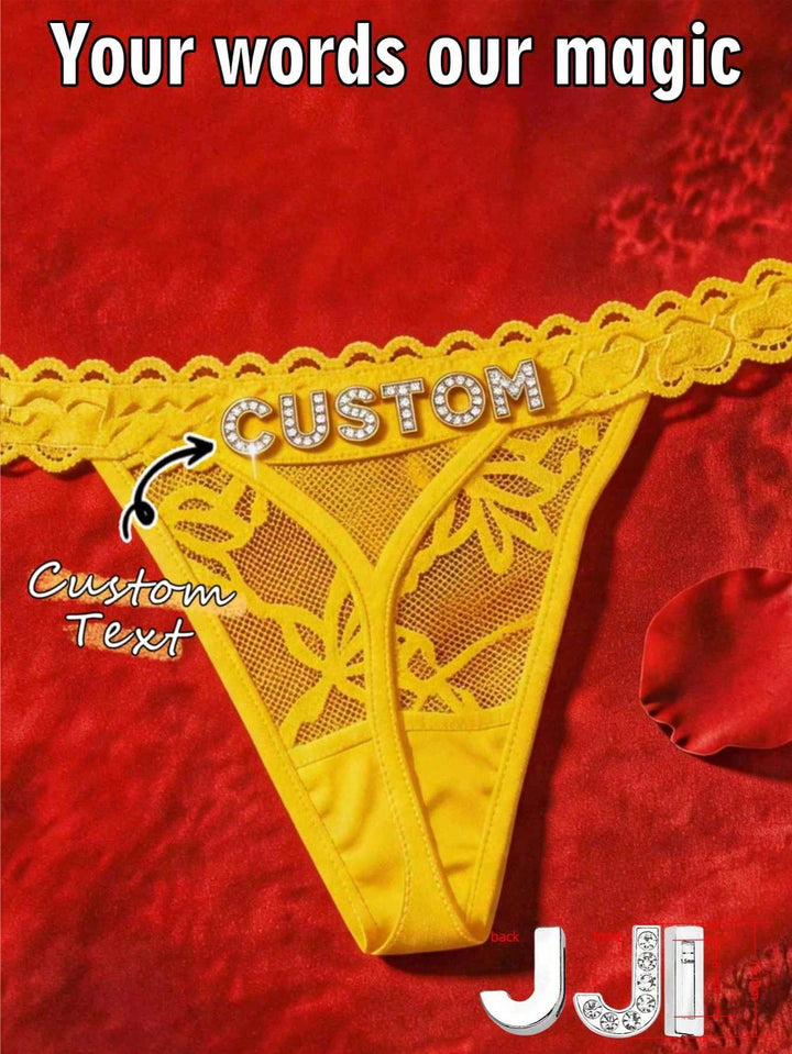 Custom Rhinestone Letter Pink Thong Personalized Name Lace Panties Sexy Intimates
