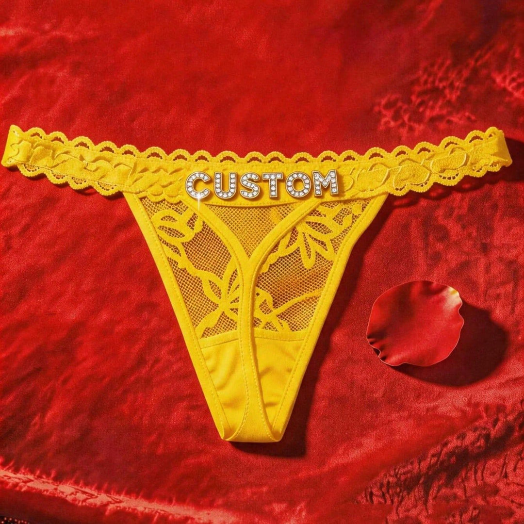 Custom Rhinestone Letter Yellow Thong Personalized Name Lace Panties Sexy Intimates