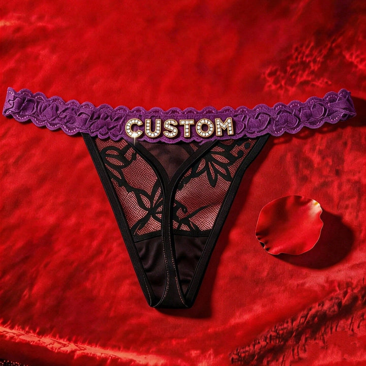 Custom Rhinestone Letter Pink Thong Personalized Name Lace Panties Sexy Intimates
