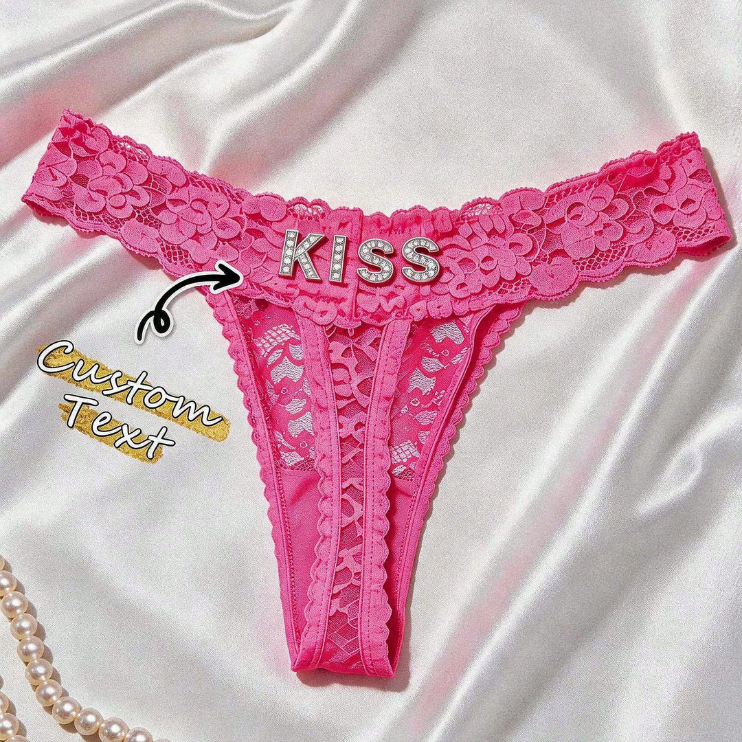 Customized Letter Rhinestone Thong Floral Lace Sexy Low Rise Panties