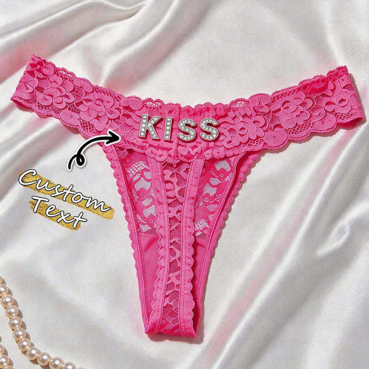 Customized Letter Rhinestone Thong Floral Lace Sexy Low Rise Panties