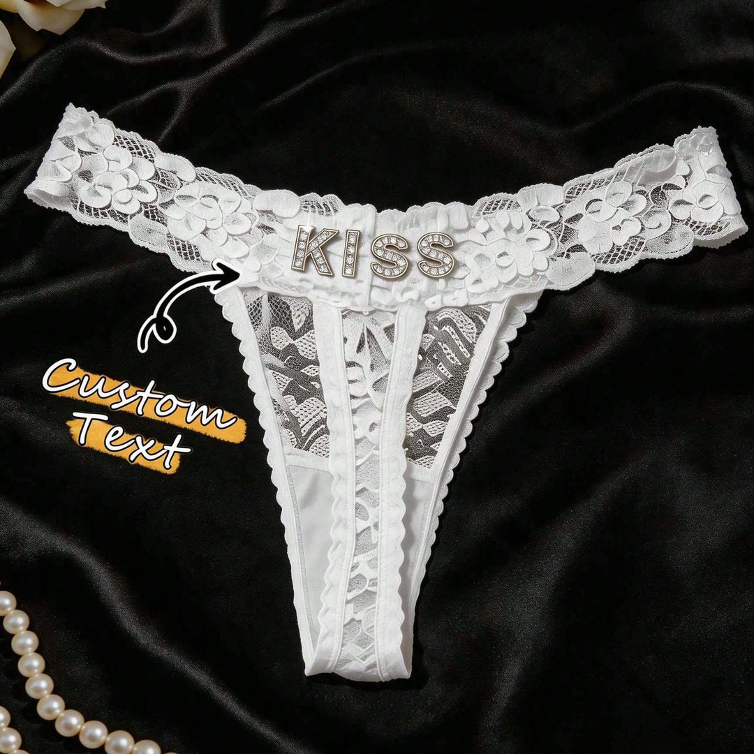 Customized Letter Rhinestone Thong Floral Lace Sexy Low Rise Panties