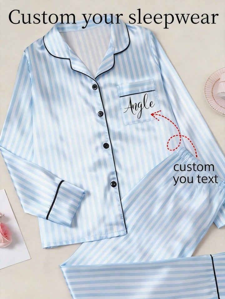 Custom name satin striped pajama set for women with personalized pocket text option