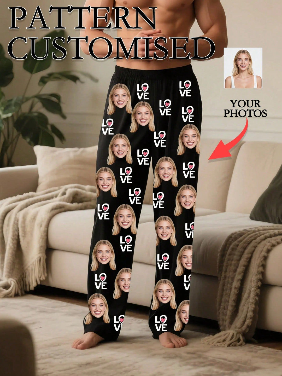 Custom face pajama pants for men in black showing photo upload customization guide