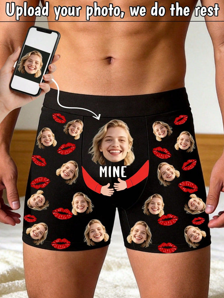 How to upload photo to create personalized face printed boxer briefs with red kiss marks