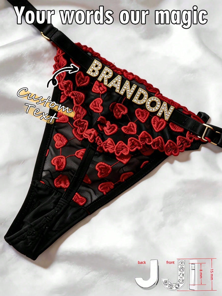 Custom rhinestone name thong with red heart embroidery and customizable sparkly text