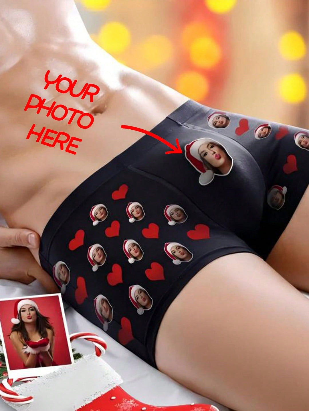 Custom photo face boxers with Christmas hat design, funny personalized holiday gift for boyfriend or husband