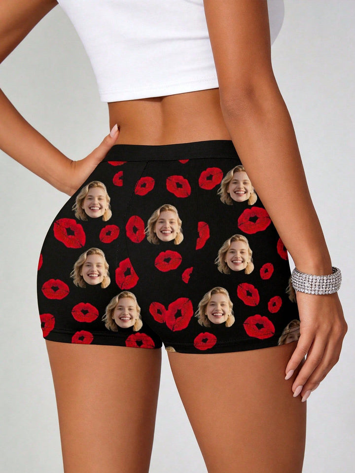 Back view of model wearing personalized photo print women's boyshort underwear with red lips