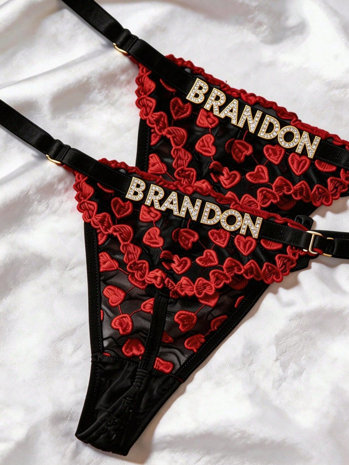 Personalized rhinestone letter heart embroidered lace panties stacked for gift preview