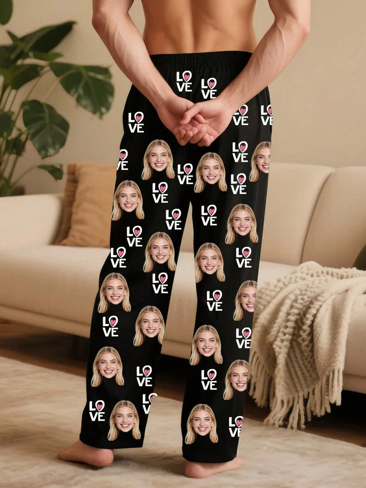 Back view of model wearing personalized photo print black lounge pajama pants with repeatable patterns