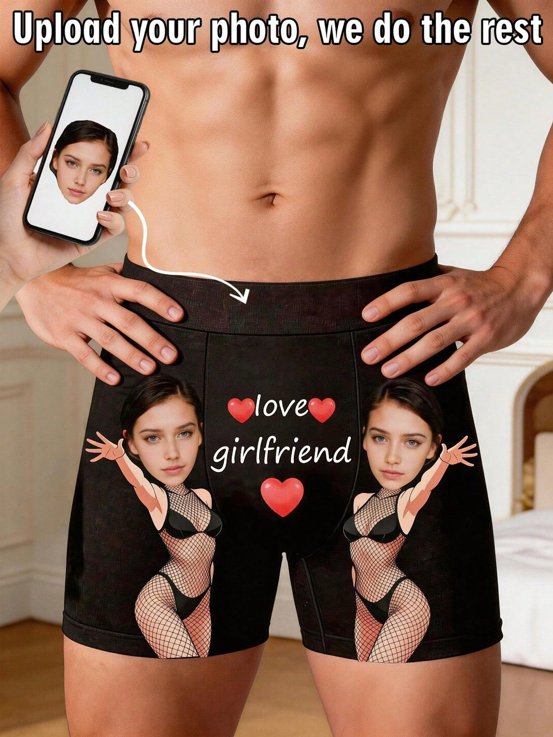 Personalized photo men's boxer briefs with custom girlfriend face print and heart pattern
