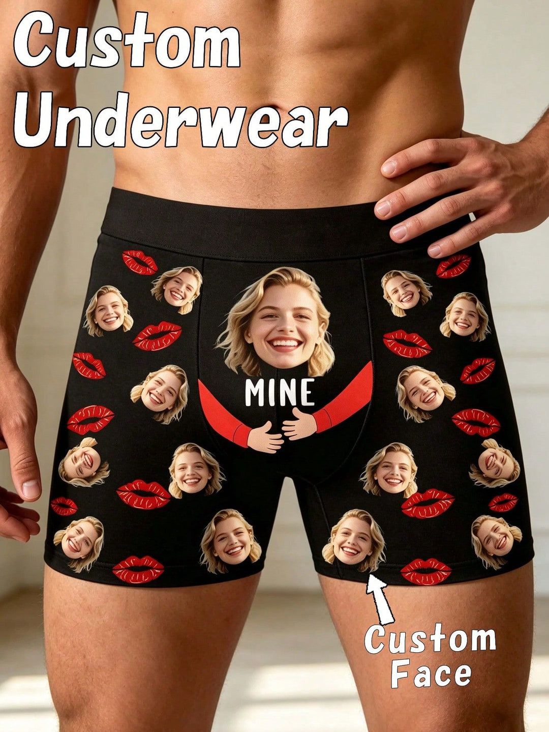 Custom face boxer briefs featuring girlfriend photo hugging design and red lip print pattern