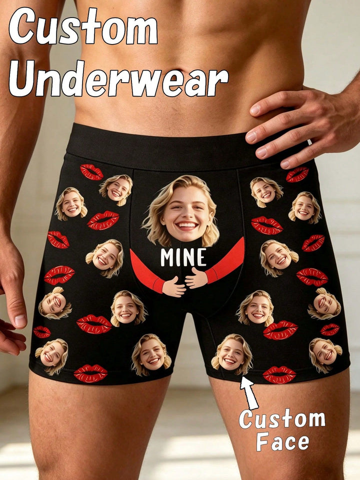 Custom face boxer briefs featuring girlfriend photo hugging design and red lip print pattern