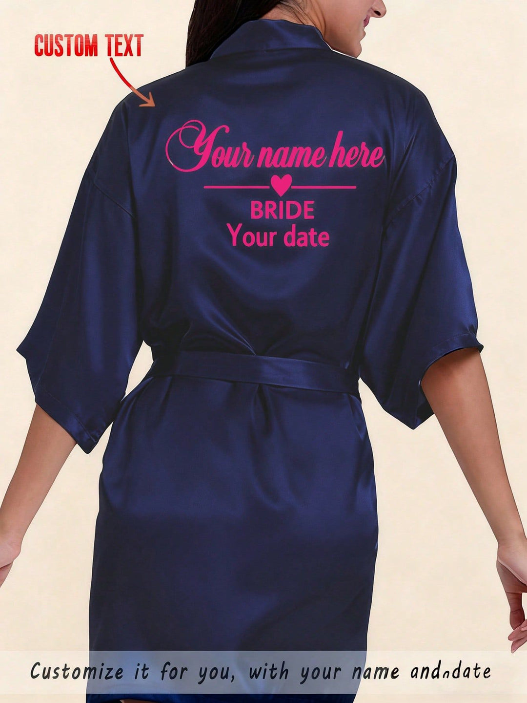 Model wearing custom navy blue satin robe with personalized back print