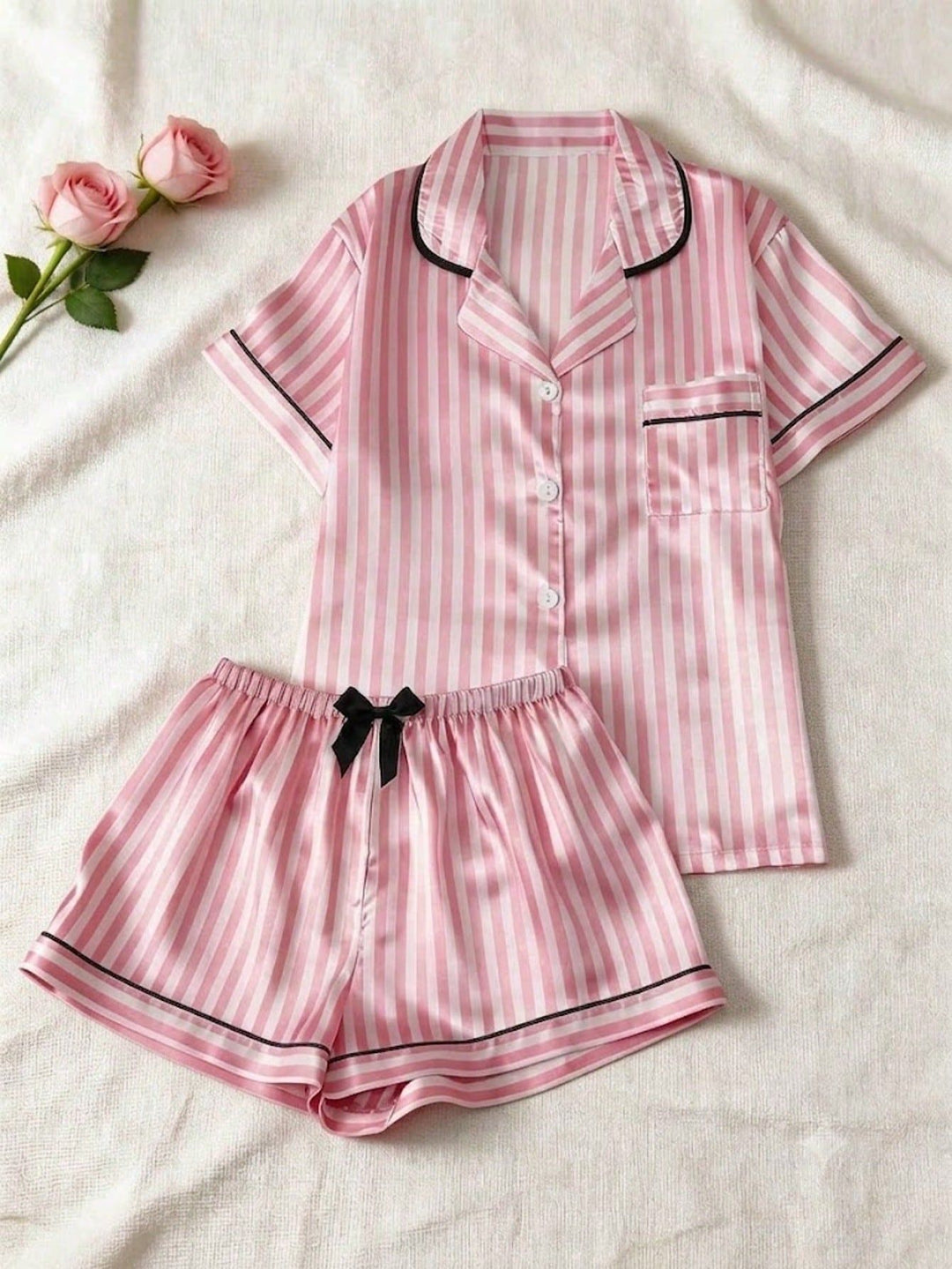 Custom Women's Pink Striped Satin Pajama Set Short Sleeve Sleepwear Photo Loungewear
