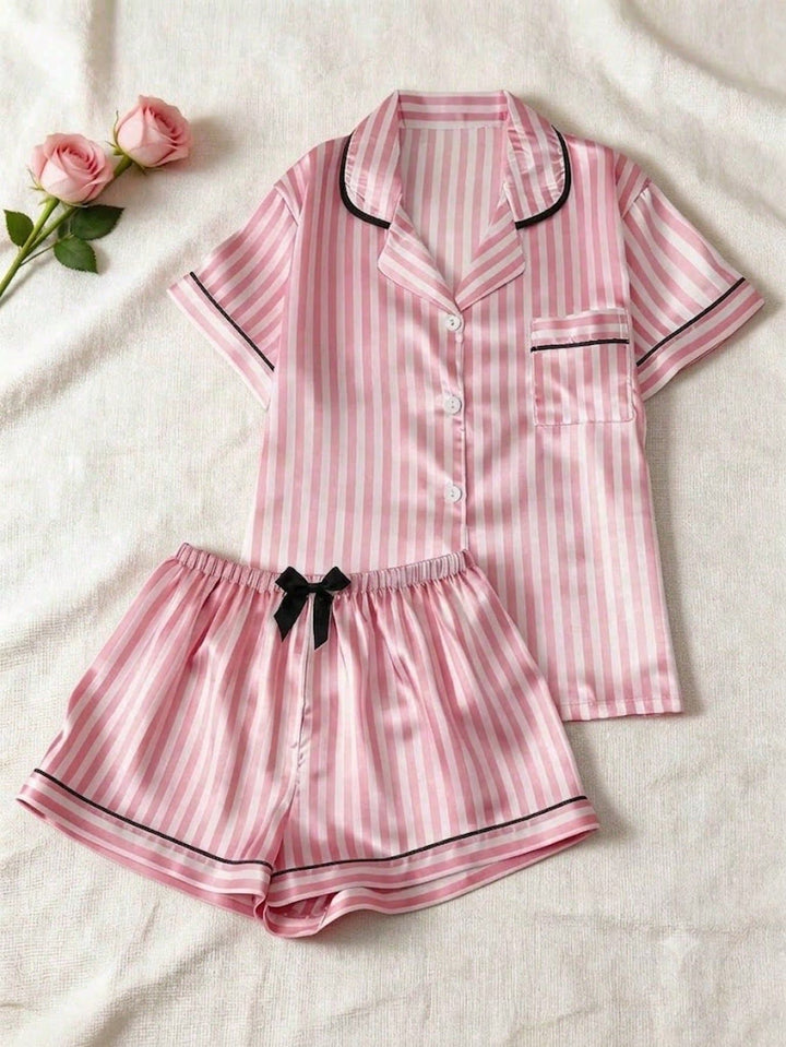 Custom Women's Pink Striped Satin Pajama Set Short Sleeve Sleepwear Photo Loungewear