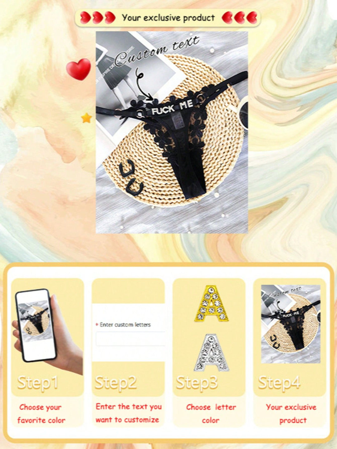 4-step custom text and rhinestone letter color ordering guide for lace thong