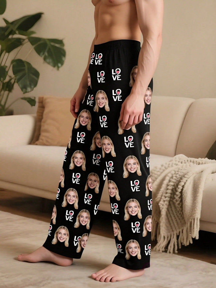 Side-angle full-body view of men's custom picture lounge pajama trousers in black on model