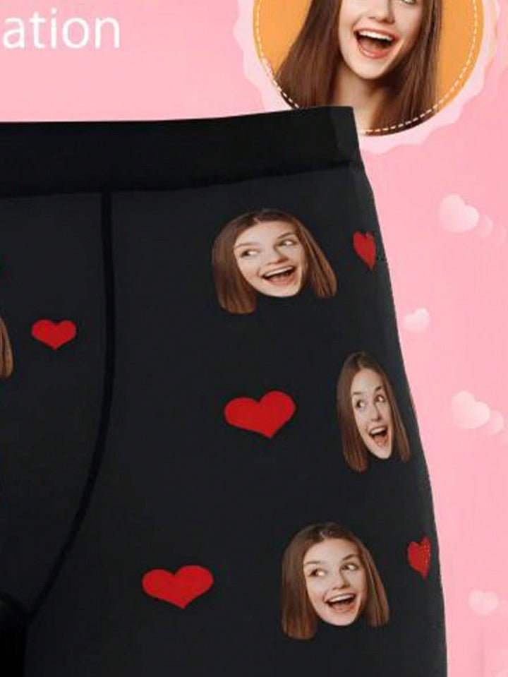 Close-up detail of personalized photo printed boxers showing clear girlfriend face and heart pattern