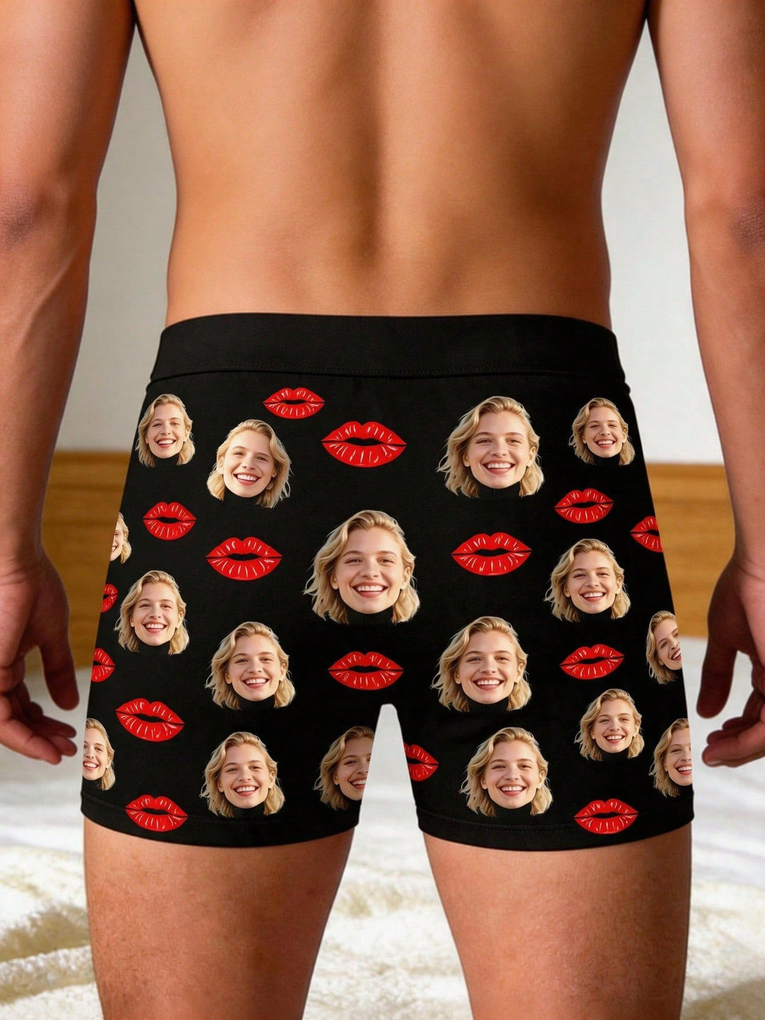 Back view of custom photo printed men's boxer briefs with all-over face and kiss print