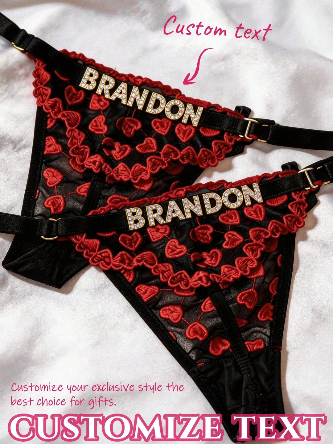 Custom text heart mesh G-string panties showing personalized rhinestone letters