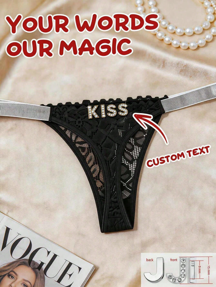 Custom Rhinestone Letter Thong Personalized Name Lace Panties Sexy Intimates for Fall Gift