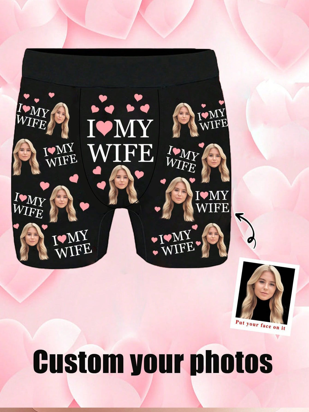 Custom photo men's underwear showing picture upload guidance for wife's face print