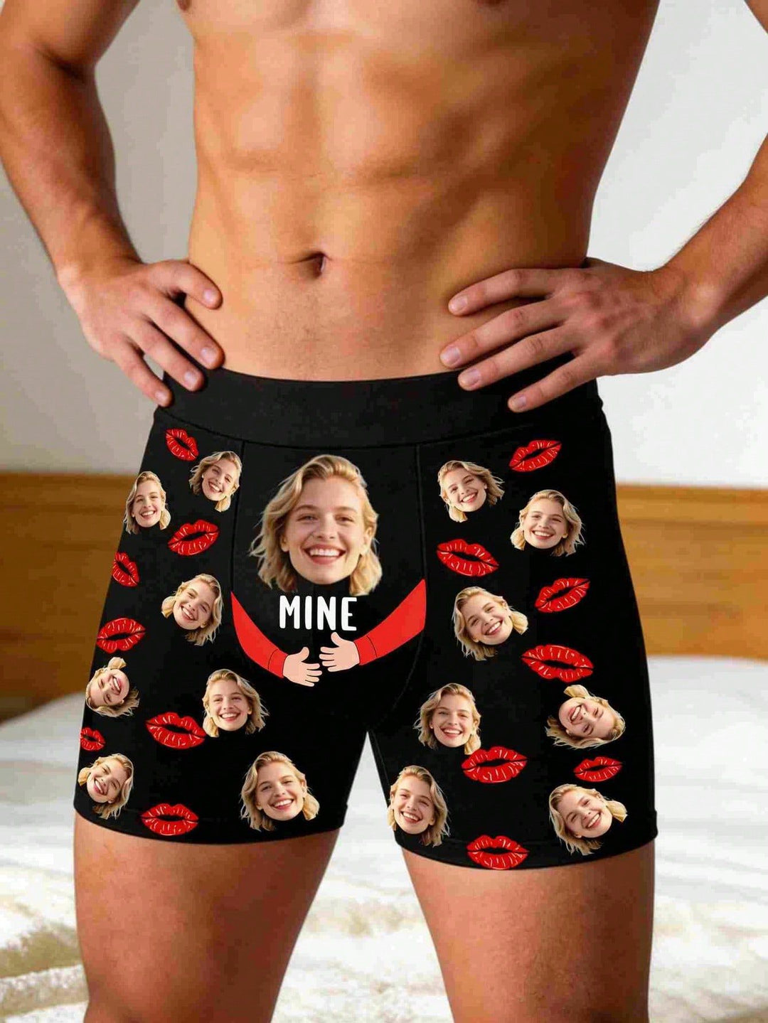 Front view of funny personalized photo boxer briefs with Mine hugging arms design for boyfriend gift