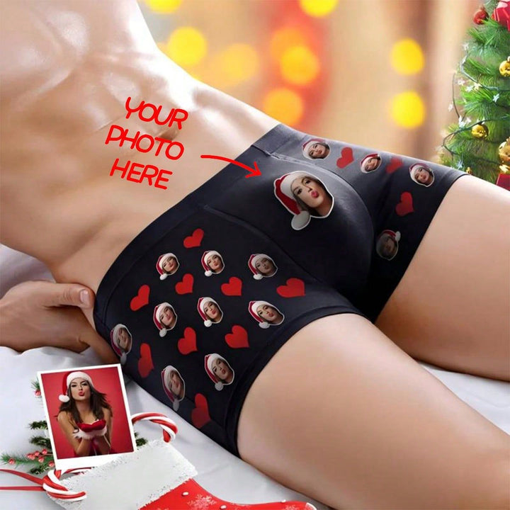 Funny custom girlfriend face boxer briefs with Christmas tree background, hilarious holiday stocking stuffer for him
