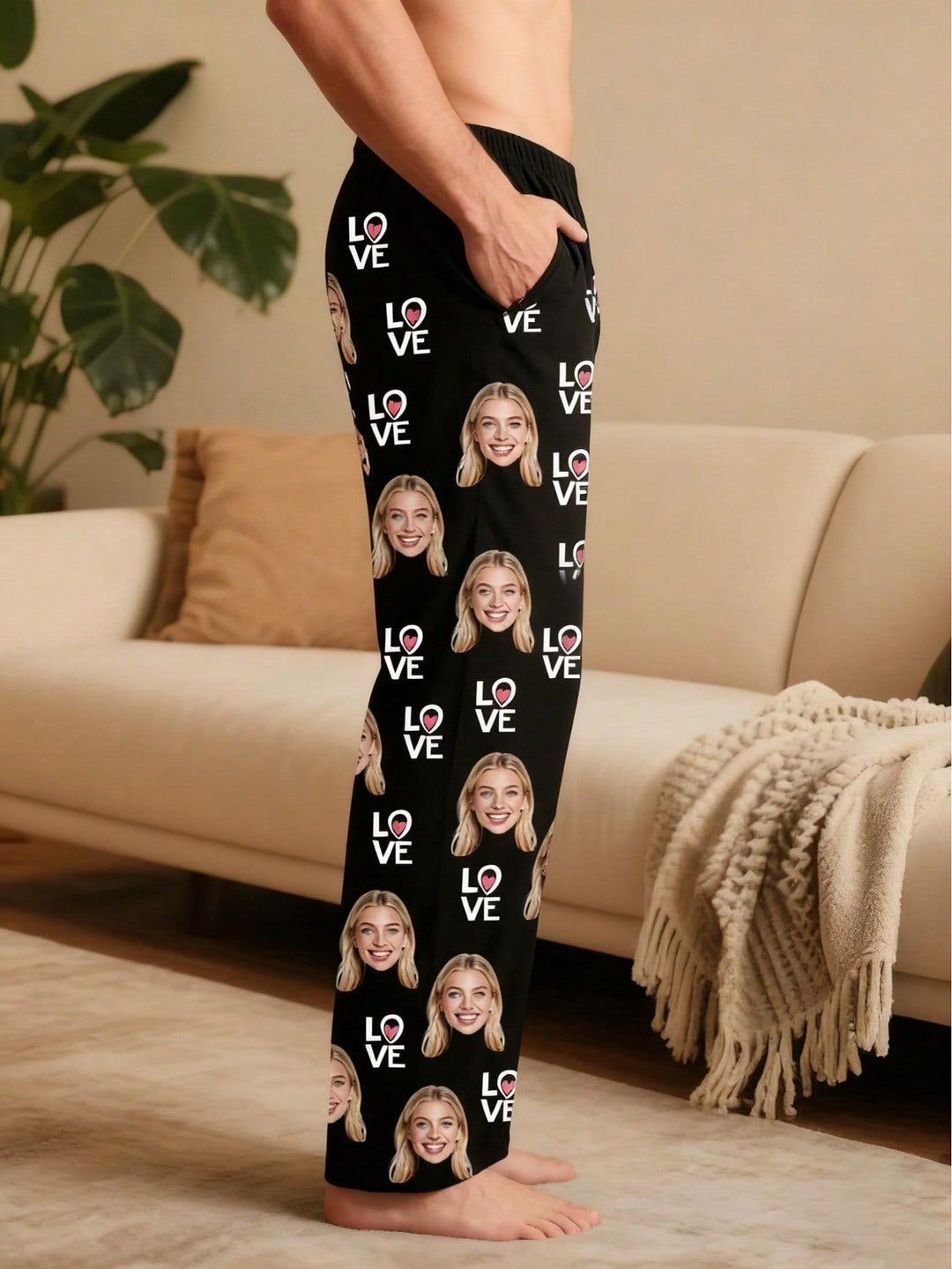 Side profile of men's custom face pajama bottoms highlighting the functional side pocket