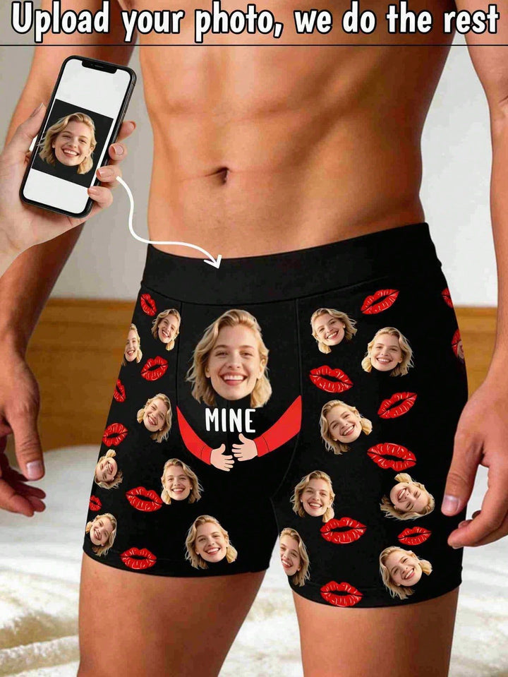 Custom photo process for men's boxer briefs featuring personalized face pattern and elastic waist