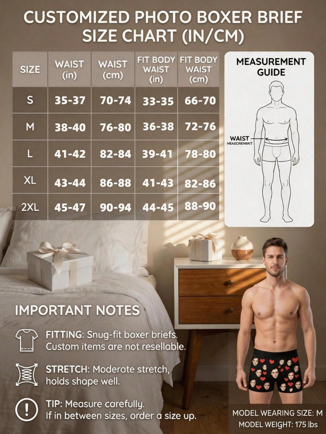 Men's custom photo boxer briefs size chart with waist measurements in inches and cm