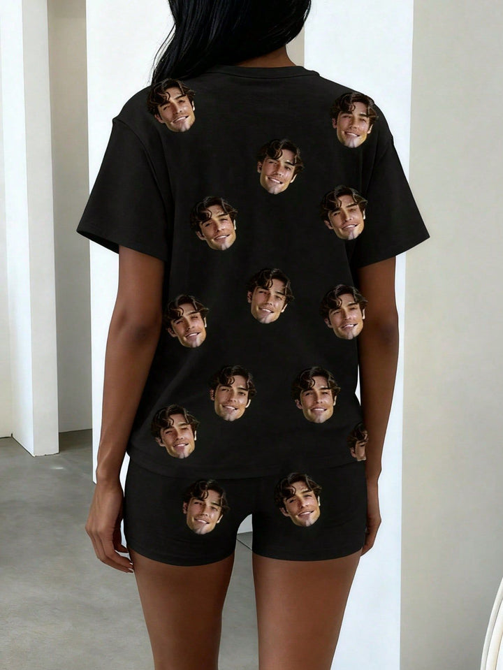 Custom Face Pajama Set for Women Personalized Photo T-Shirt and Shorts Cozy Loungewear