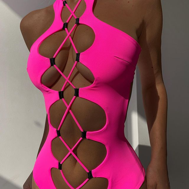 Neon Tan Lines Plunge One Piece Swimsuit