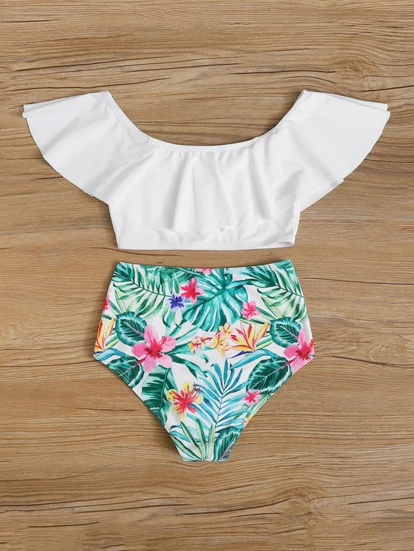 Girls Tropical Flounce High Waisted Bikini Swimsuit 2 Pieces Set